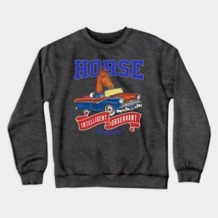 Humor funny and cute Horse driving a classic car to a retro parade with red white and blue flags Crewneck Sweatshirt